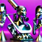 Metallic humanoid figures and abstract shapes in a vibrant digital art piece.