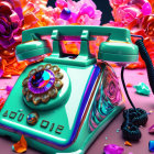 Colorful Retro Telephone with Rotary Dial and Stylized Roses on Glossy Surface