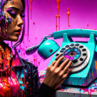 Colorful portrait of woman with paint drips on face, dialing vintage phone on splattered background