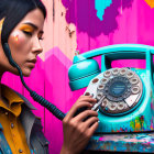 Woman with artistic makeup posing with vintage rotary dial telephone on vibrant pink and purple wall