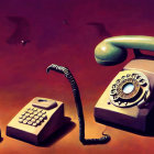 Vintage telephones with handsets and cords on warm, textured background