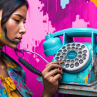 Woman with Braid and Colorful Makeup Talking on Vintage Turquoise Telephone in Graffiti Background