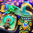 Colorful Bird-Shaped Phone with Jeweled Feathers in Blue, Green, and Gold