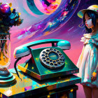 Girl in hat with vintage phone and flowers in cosmic background.