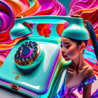 Colorful surreal image: woman with purple lipstick and retro turquoise phone on swirling background