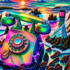 Colorful Psychedelic Vintage Rotary Phone Illustration in Winter Landscape