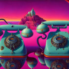 Antique turquoise telephones in surreal landscape with vibrant sky