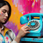 Woman with Braid and Face Paint Uses Blue Rotary Phone on Abstract Background