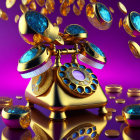 Vintage Telephone 3D Render with Golden Finish and Blue Gemstones on Purple Background