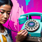 Blue-haired woman using vintage turquoise rotary phone on colorful background