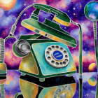 Vintage-style rotary phone illustration with levitating handset on space-themed background.