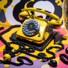 Vintage Yellow Rotary Phone with Tangled Cord and Abstract Yellow & Black Patterns on Pink Surface