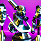 Abstract metallic humanoid sculptures on purple backdrop with surreal and futuristic features