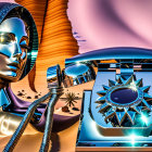 Metallic woman's head and vintage telephone in surreal desert scene