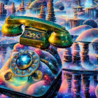 Vintage Telephone Against Cosmic Nebulae Background