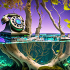 Vintage Rotary Phone on Surreal Inverted Tree Landscape