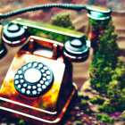 Colorful surreal rotary telephone on vibrant plant backdrop