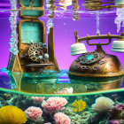 Vintage Telephone and Radio Underwater Scene with Coral and Fish on Purple Background