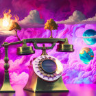 Surreal vintage telephone in colorful, swirling clouds