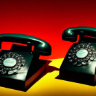 Vintage rotary dial telephones on red to yellow gradient background