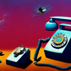 Surreal artwork: alarmed humanoid, decaying bee, vintage phones on red background