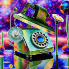 Colorful Vintage Rotary Phone Painting with Cosmic Background