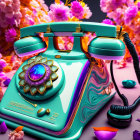 Vibrant Retro-Style Turquoise Rotary Phone with Artificial Flowers on Pink Background