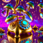 Psychedelic vintage rotary phone with glowing mushroom caps against cosmic background