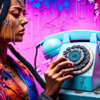 Colorful Makeup Woman with Retro Phone in Graffiti Background