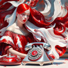 Surreal image of woman with red hair and dress intertwined with vintage red telephone cord