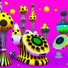 Colorful surreal landscape with patterned mushrooms and polka-dotted objects