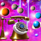 Golden vintage telephone in cosmic galaxy with planets and stars