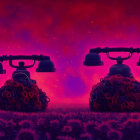 Vintage telephones on floral bases against surreal purple backdrop with fluffy clouds.