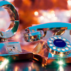 Vintage Turquoise Rotary Dial Telephone with Shiny Accents on Colorful Bokeh Background