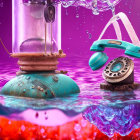 Vintage rotary phone and glass tube with splashing liquid on vibrant purple background.