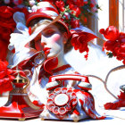 Woman with red flowers, hat, sunglasses, by rotary phone