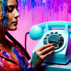 Colorful scene: Person in paint-splattered clothes dialing retro turquoise rotary phone.