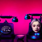 Surreal vintage telephones with woman's face on pink backdrop