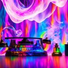 Vibrant abstract art with vintage telephone and neon light trails