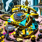 Surreal painting featuring melted rotary phones and checkerboard pattern