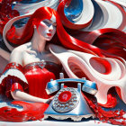 Stylized illustration of woman with red hair and dress next to vintage telephone and abstract swirls