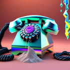 Vintage phone with eye, rock, colorful shapes on pink background