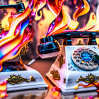 Vintage telephones in stylized flames on colorful abstract backdrop with mechanical elements