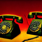 Vintage telephones with rotary dials under red lighting, one handset off the hook