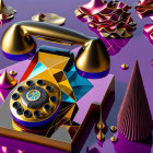 Surreal 3D artwork: vintage phone, golden shapes, small figure on purple platform