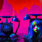 Colorful Scene: Person in Headset Among Retro Phones on Neon Background