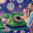 Young girl in blue dress with starry background and vintage green rotary phone.