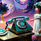 Young girl with flower in hair next to telephone and potion bottle in cosmic scene