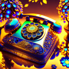 Vintage rotary phone with ornate decorations against glowing backdrop.