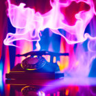 Colorful DJ booth with vibrant smoke patterns and blurred figure in background